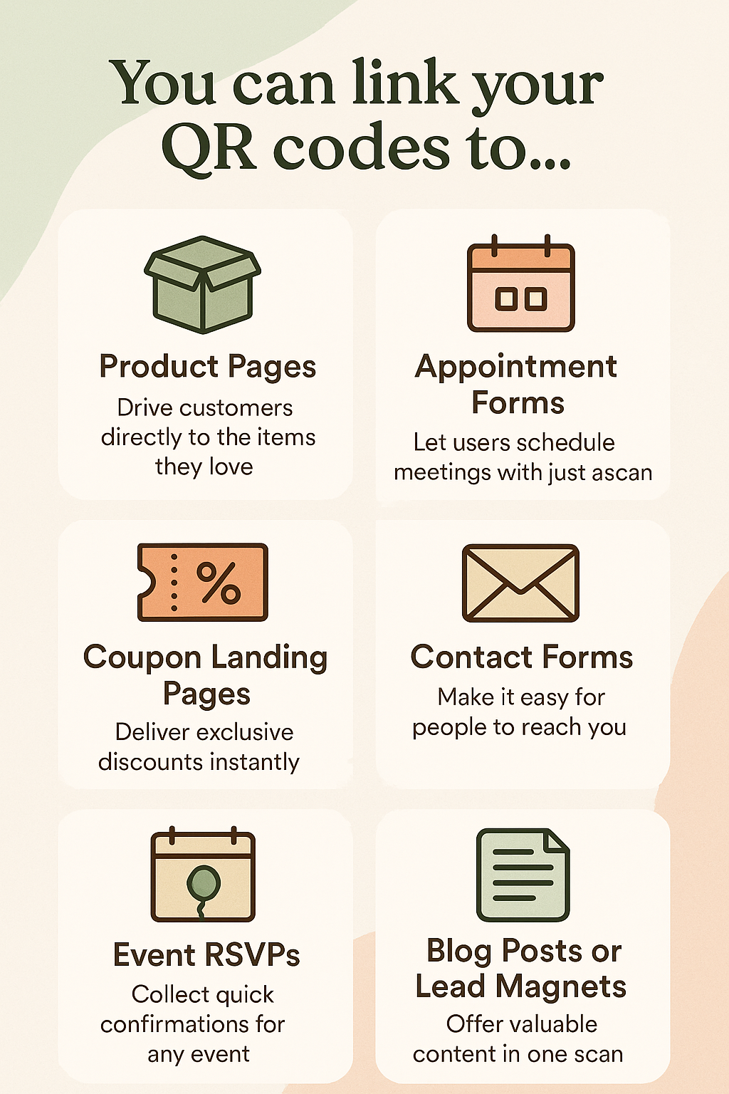 Illustrative image showing where you can link your QR Codes to