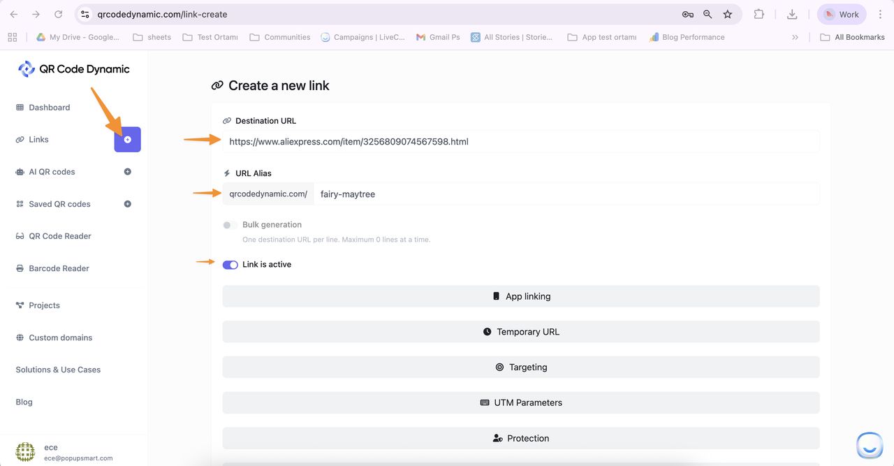 Creating a new link in QR Code Dynamic with a clean AliExpress URL to generate a QR code that opens AliExpress instantly.