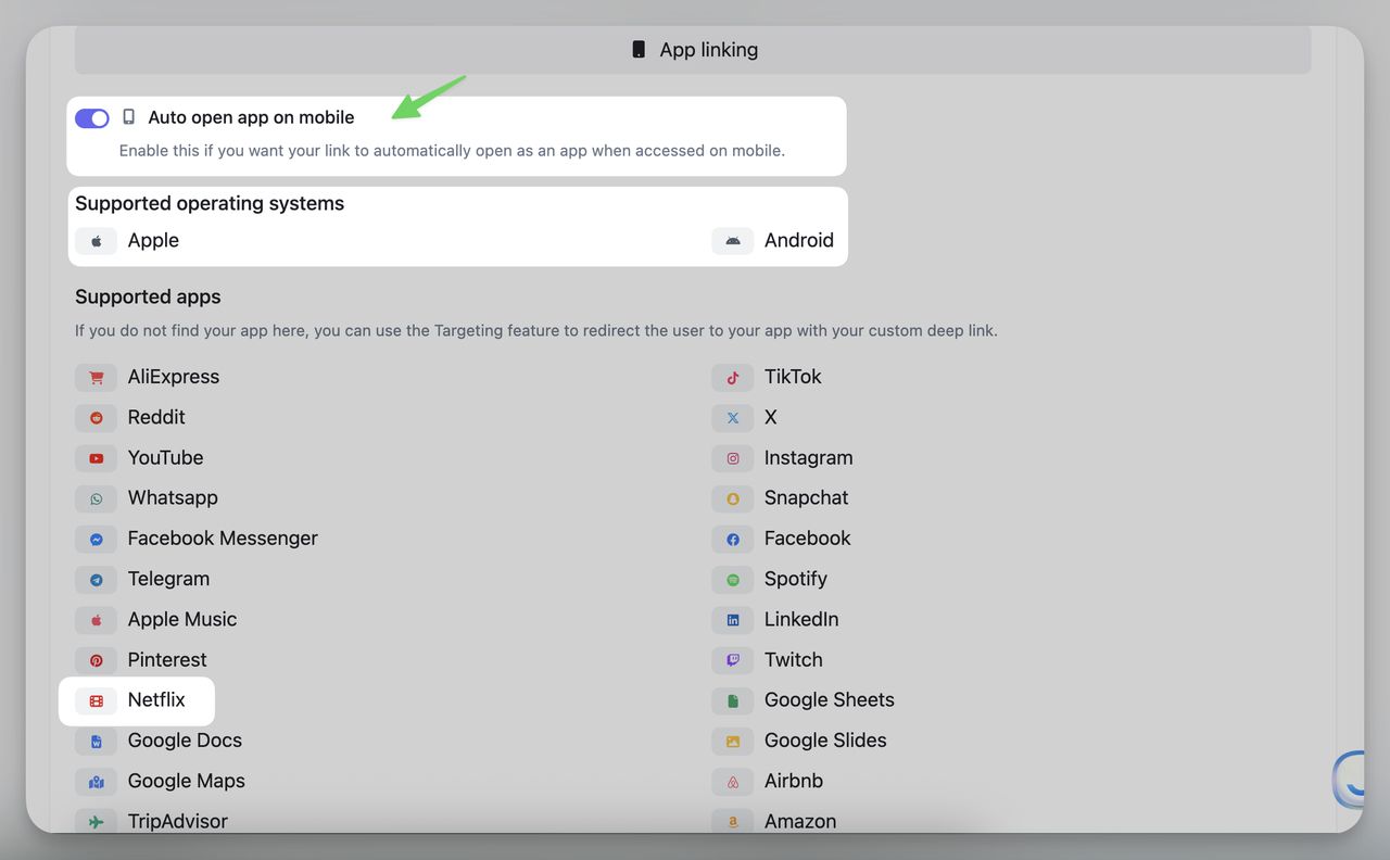 App linking settings in QR Code Dynamic showing “Auto open app on mobile” enabled for creating a QR code that opens Netflix on iOS and Android.