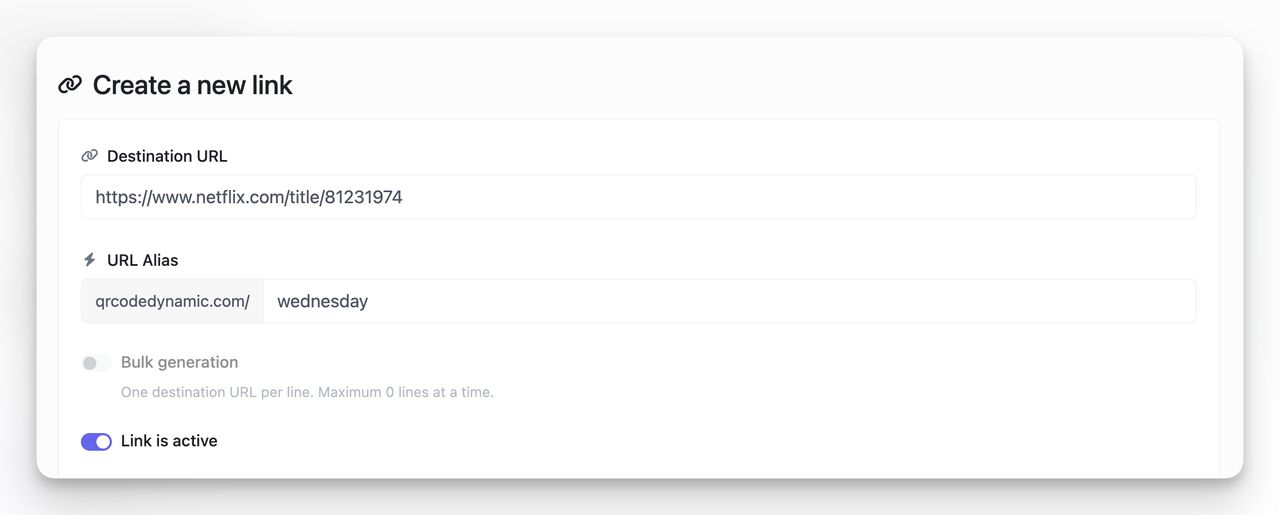 Creating a new short link in QR Code Dynamic with a Netflix destination URL to generate a QR code that opens Netflix instantly.