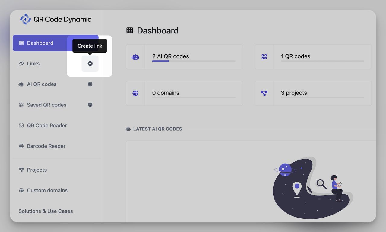 QR Code Dynamic dashboard interface where users can create a new link to make a QR code that opens Netflix.