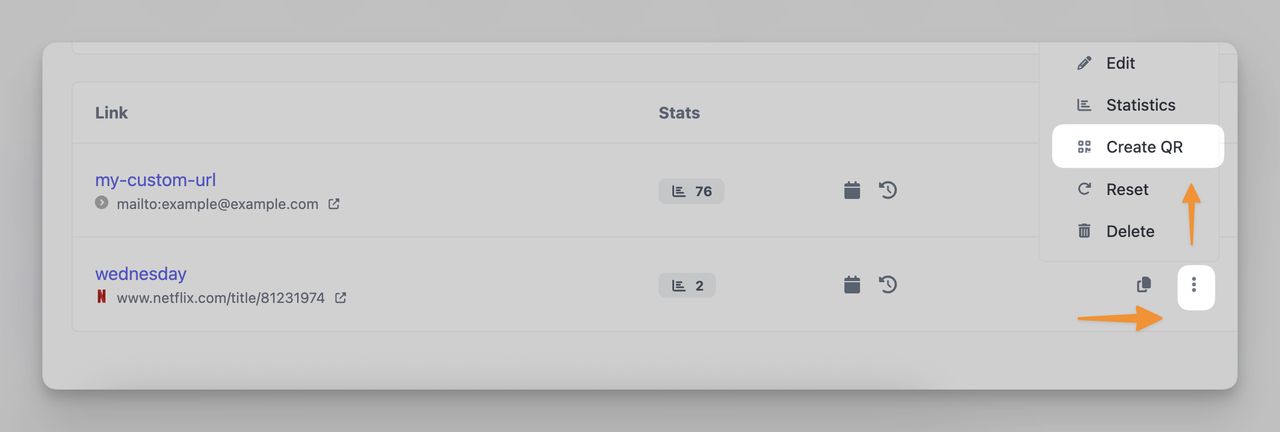 Options menu in QR Code Dynamic highlighting “Create QR” for a Netflix link to generate a QR code that opens Netflix.