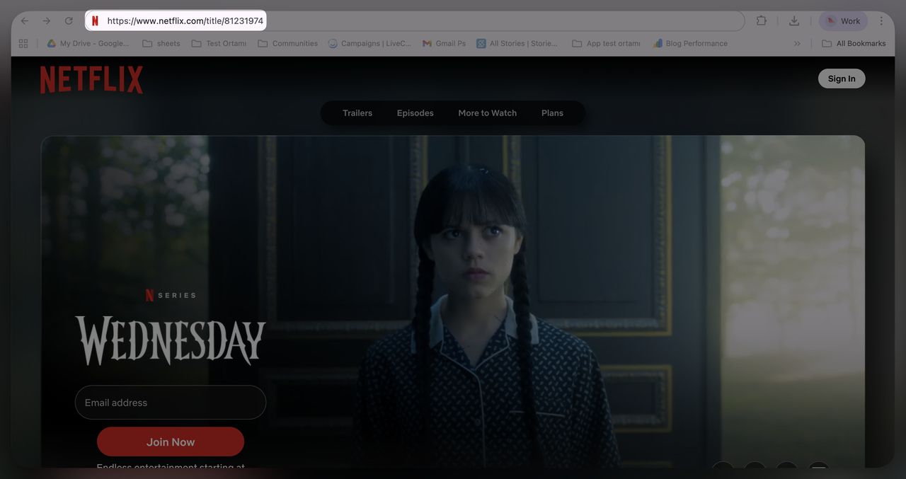 Netflix show page for Wednesday with unique title ID URL used to create a QR code that opens Netflix directly to this series.