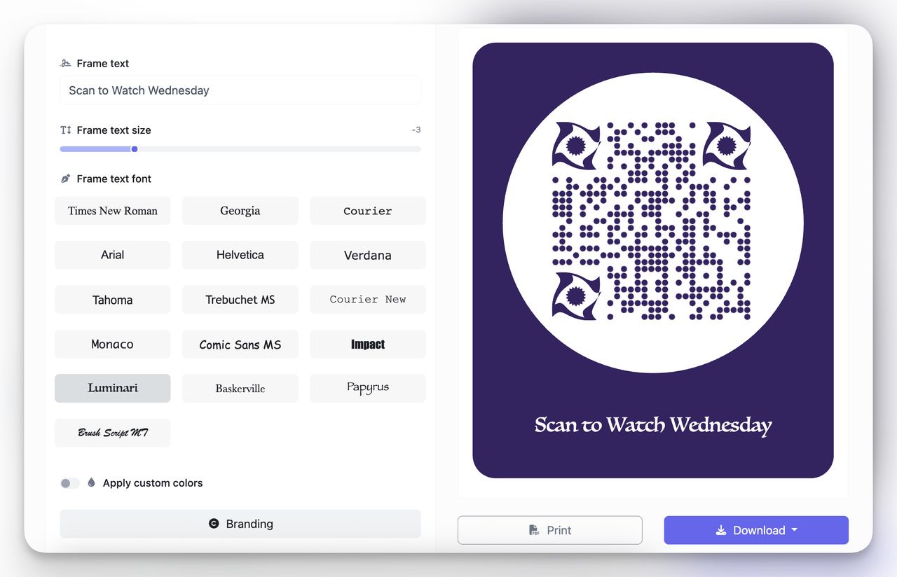 Customizing QR code design in QR Code Dynamic with branded colors and frame text for a QR code that opens Netflix show Wednesday.
