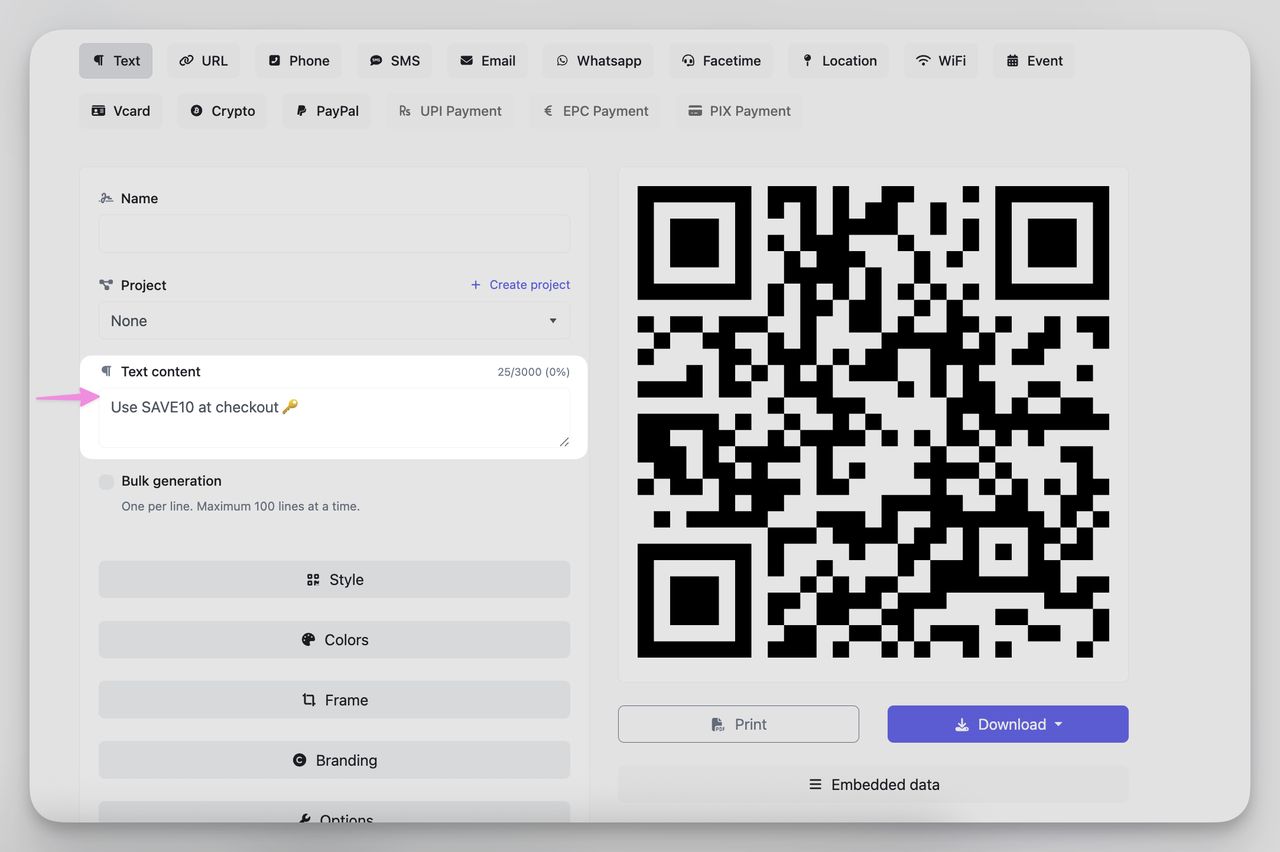 typing our message into qr code dynamic dashboard to create text qr code
