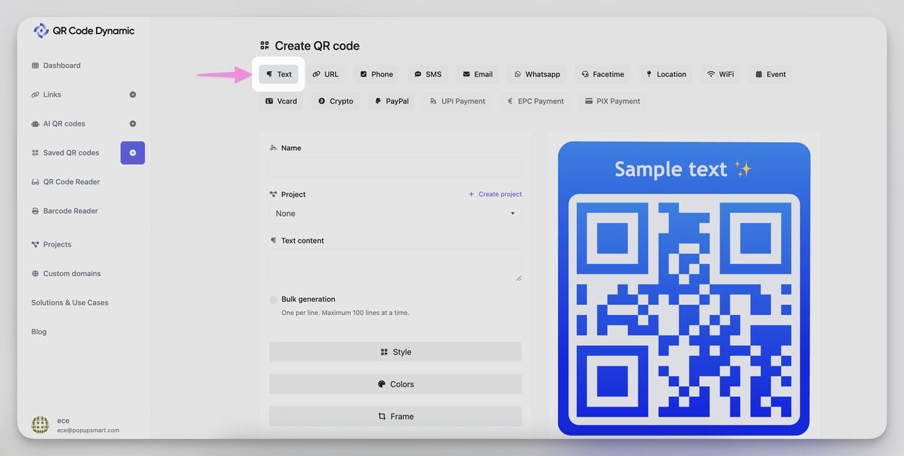 step 1 of creating text qr code