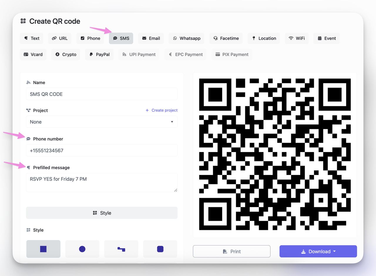 Hızlı metin mesajı için SMS QR kodu oluşturma süreci örneği