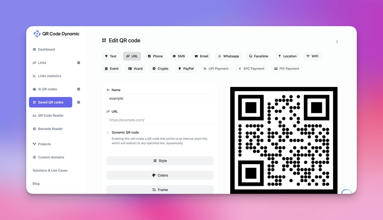 Screenshot of QR Code Dynamic dashboard page showing an url qr code
