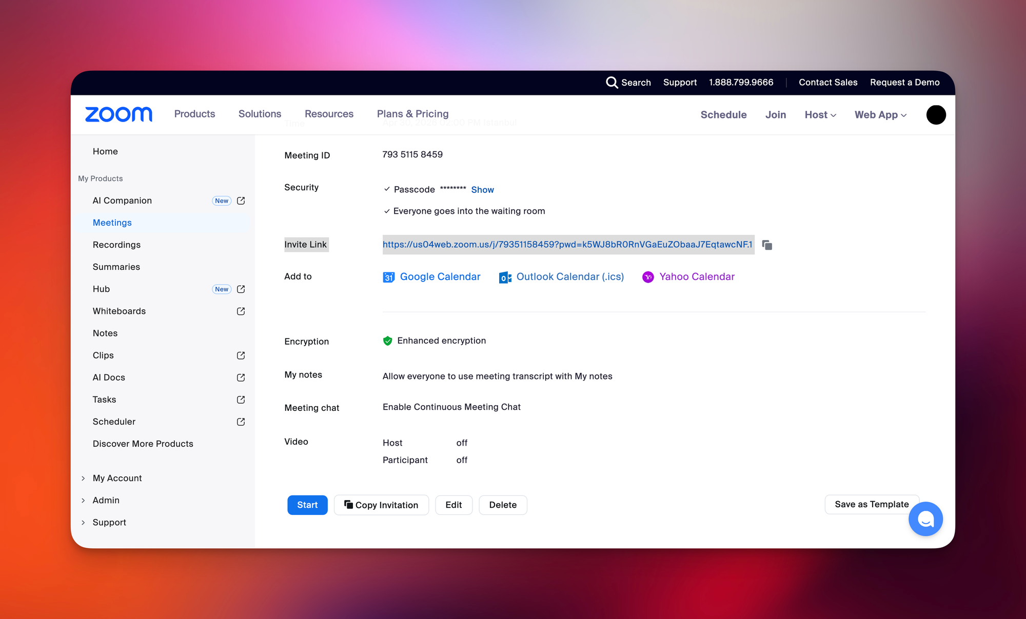 Zoom meeting details page showing the invite link, meeting ID, passcode, waiting room, and calendar options for sharing a scheduled meeting