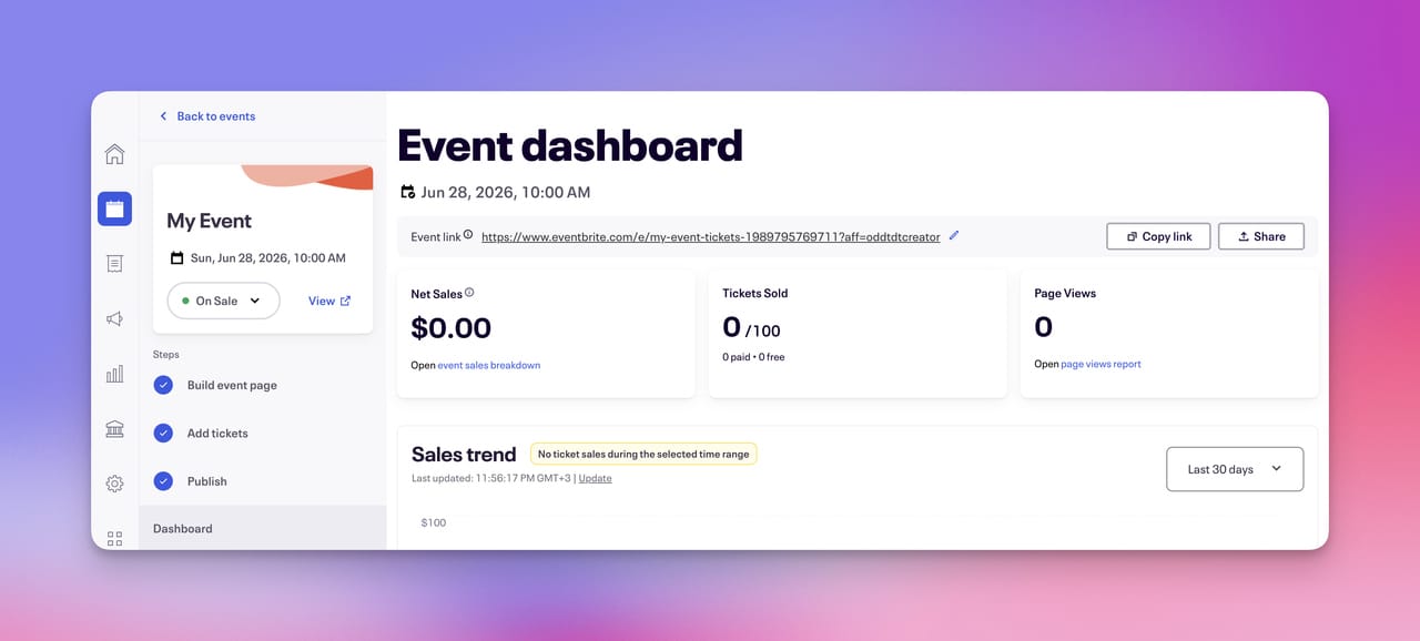 Screenshot of the eventbrite dashboard page showing an event url