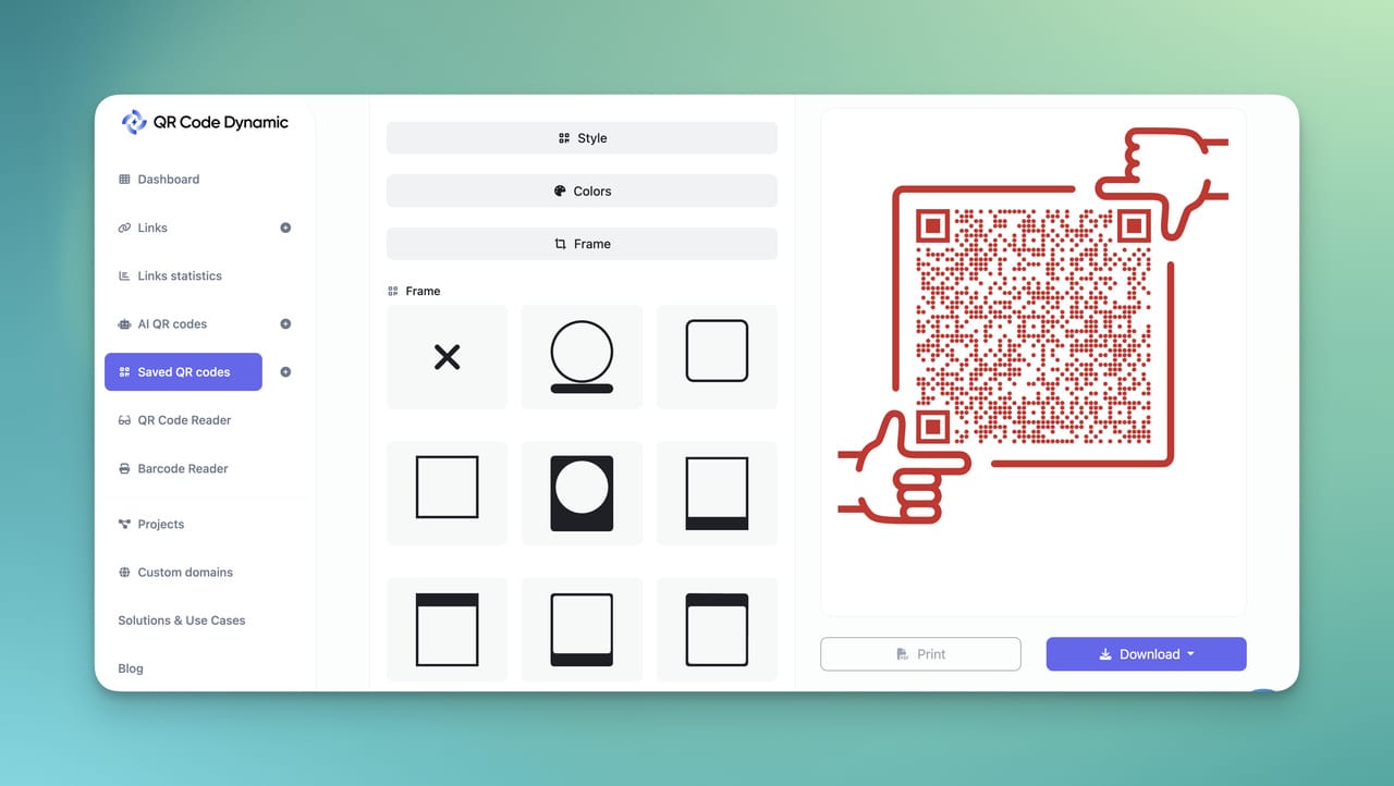 Screenshot of QR Code Dynamic interface showing saved QR codes section with red QR code preview and frame style options.