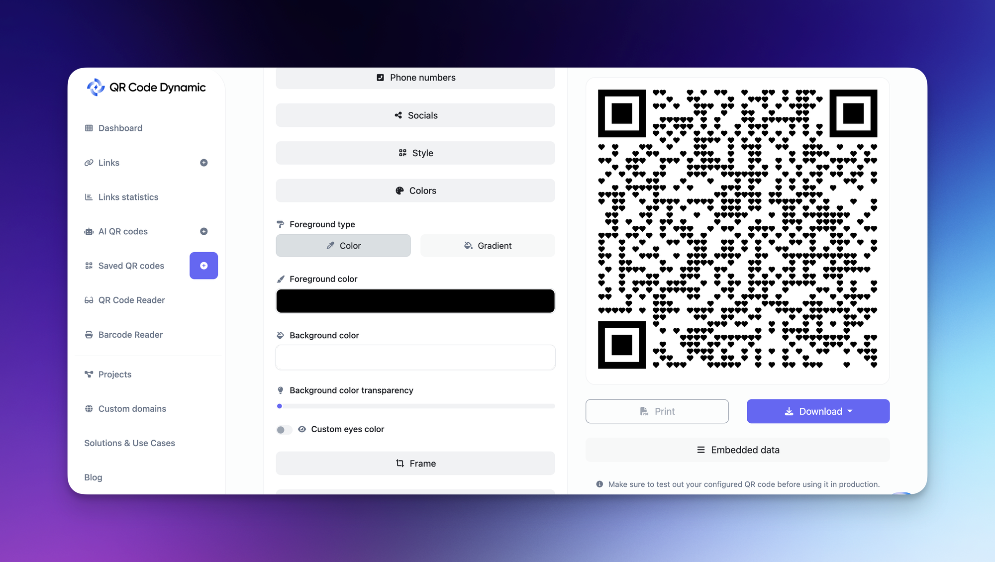 QR Code Dynamic customization panel showing QR code style, foreground color, background color, and download options.