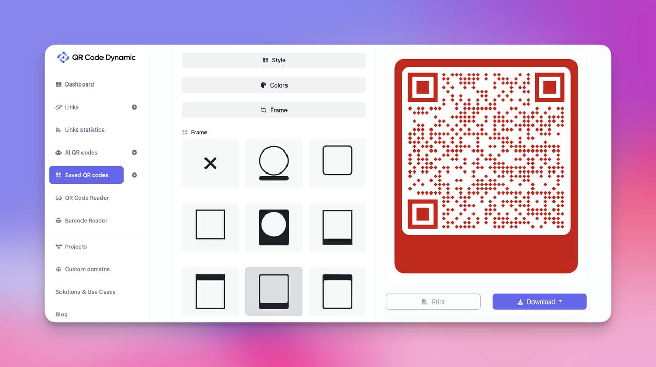 Screenshot of QR Code Dynamic dashboard page showing an url qr code being customized