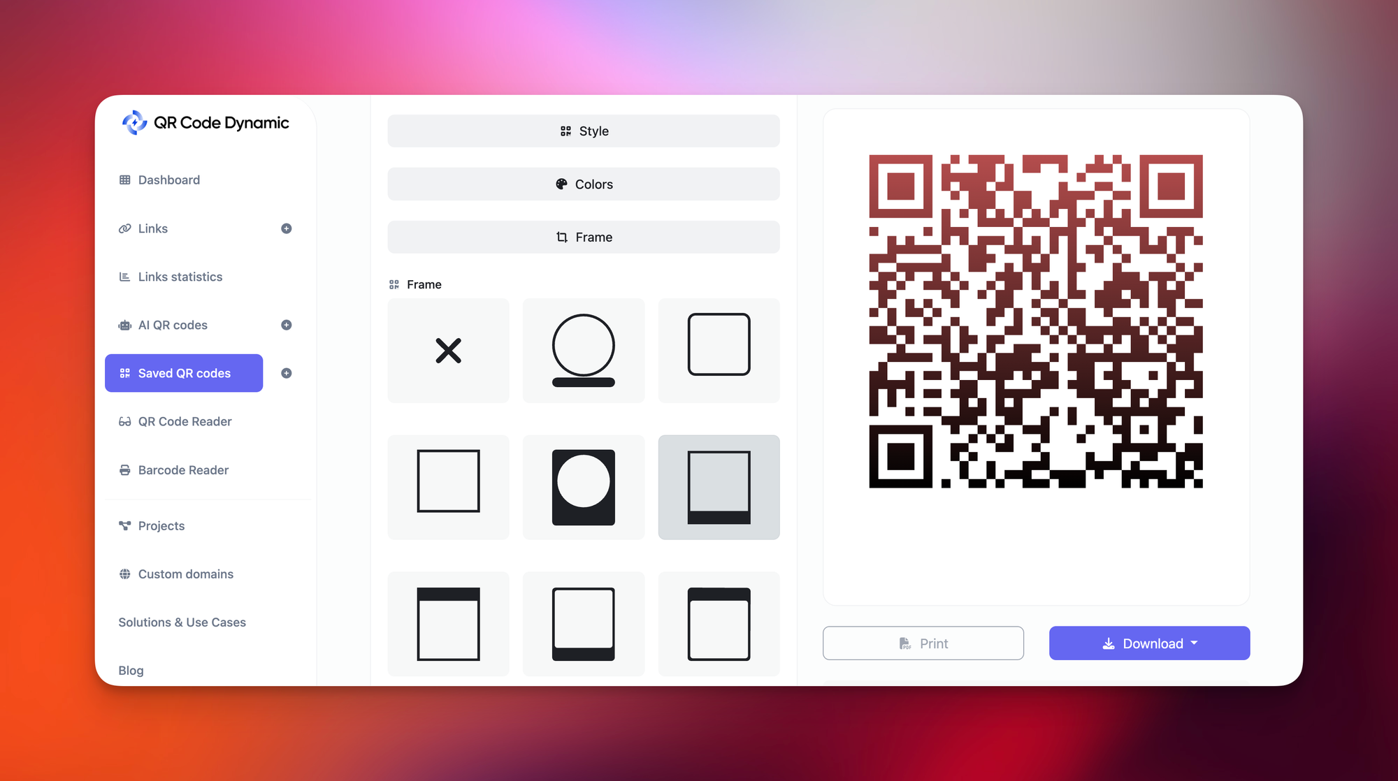 QR Code Dynamic download menu showing SVG, PNG, JPG, and WEBP export options for a customized Zoom meeting QR code