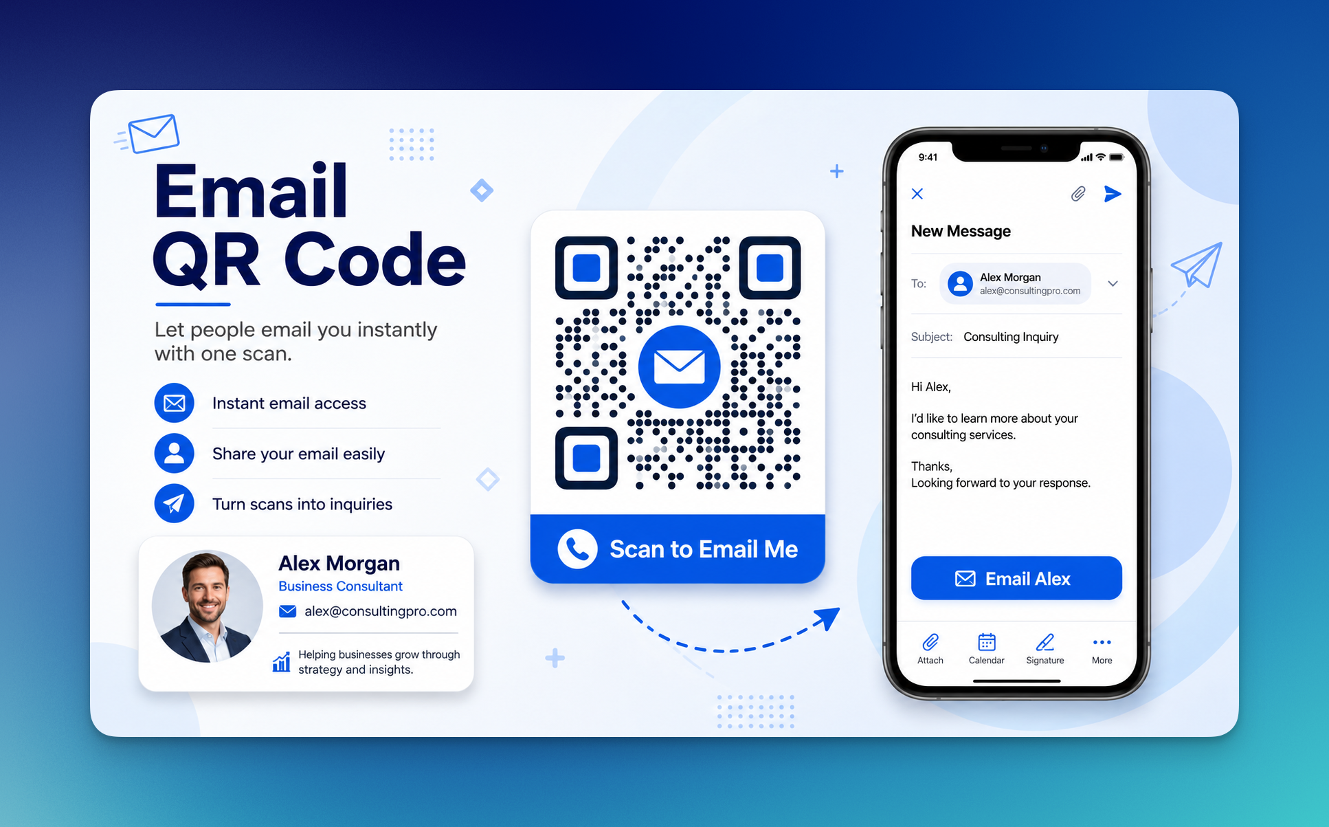 Email QR code example that opens a pre-filled email message for quick contact and business inquiries.