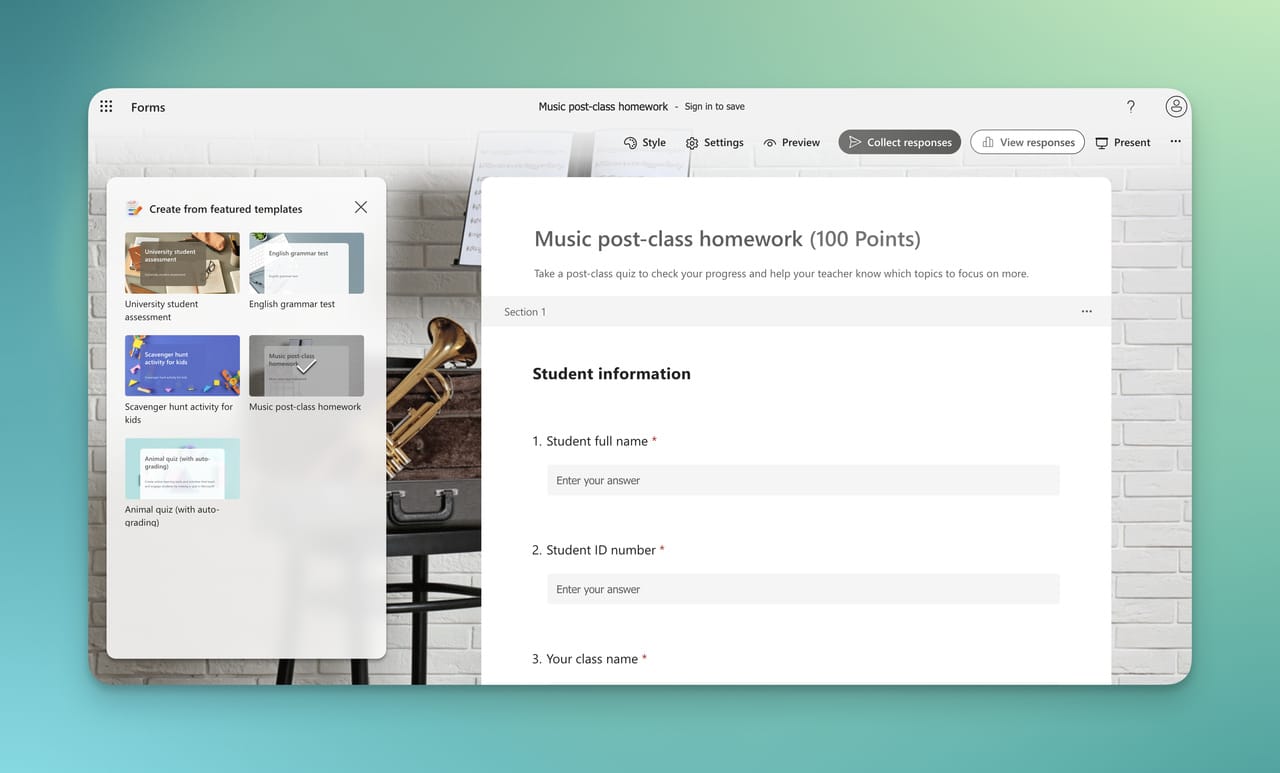 Screenshot of an online form titled "Music post-class homework" asking for student name, ID, and class, with template options visible on the left.