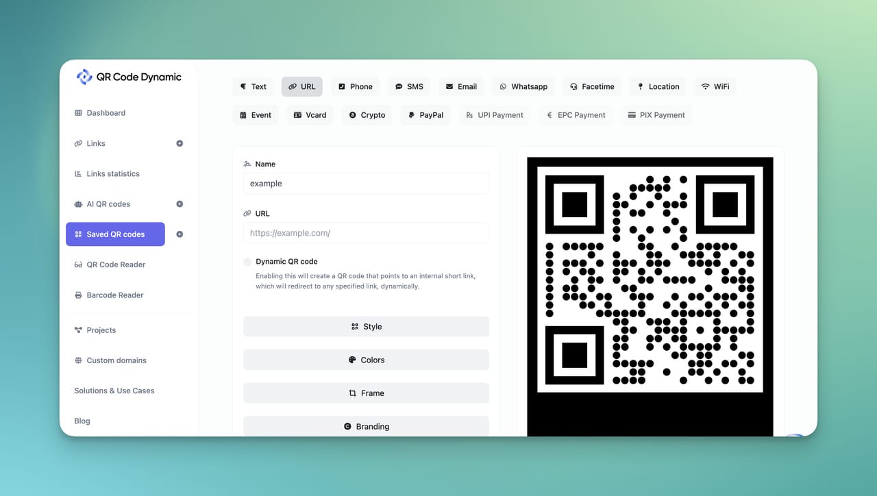 Screenshot of a QR code creation tool interface showing options for text, URL, phone, SMS, and more, with a QR code preview on the right.