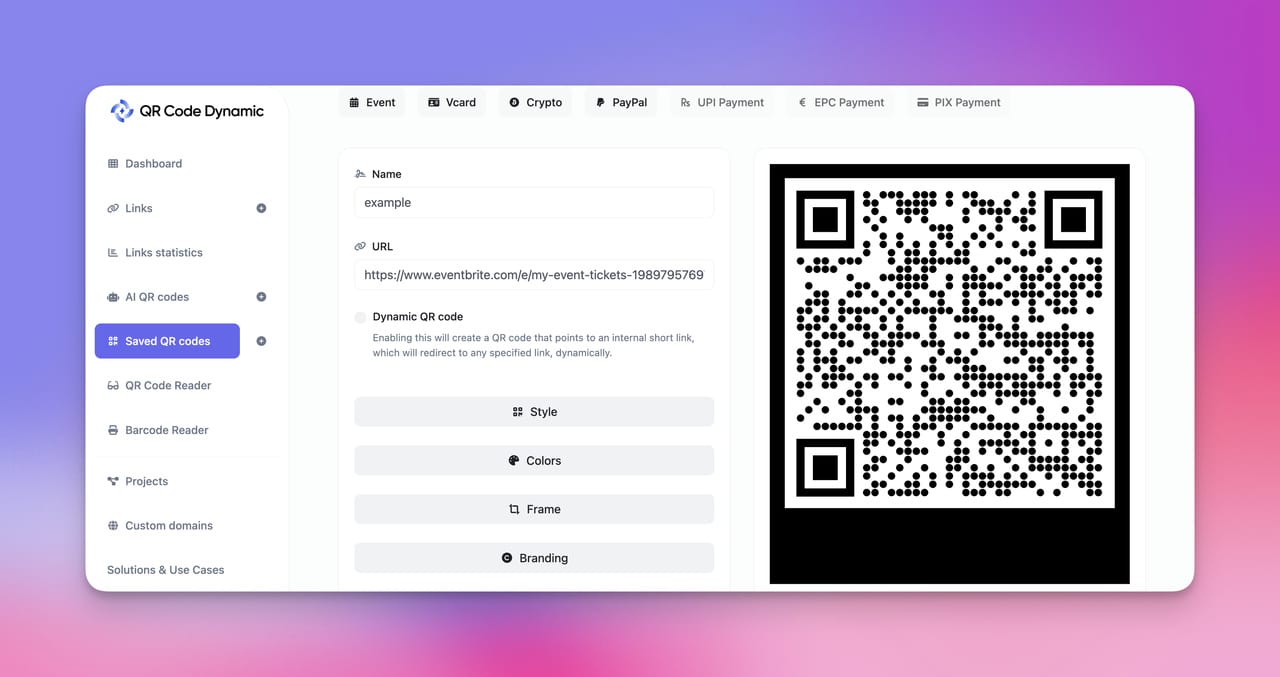 Screenshot of QR Code Dynamic dashboard page showing an url qr code, pasted an event url