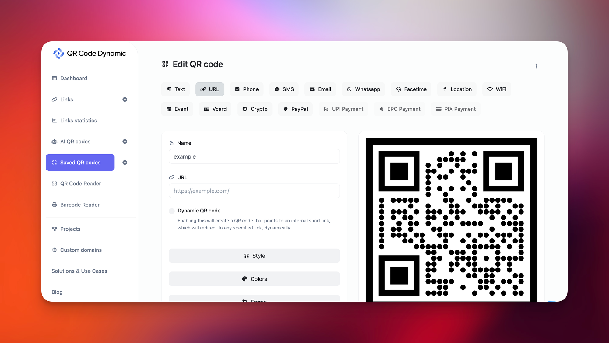 QR Code Dynamic customization screen showing frame style options and a preview of a customized QR code for a Zoom meeting link