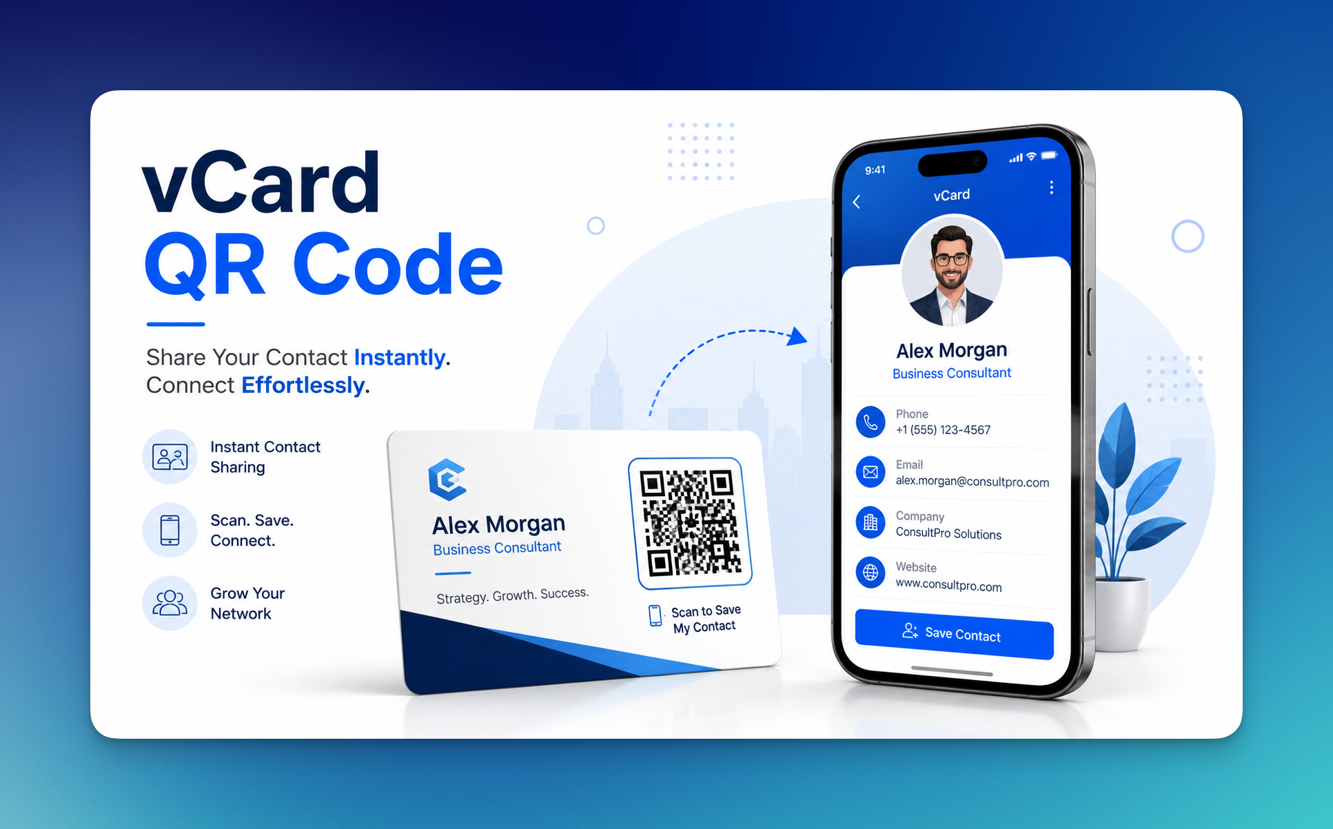 vCard QR code example for sharing digital contact details and saving a business card contact instantly by scanning.