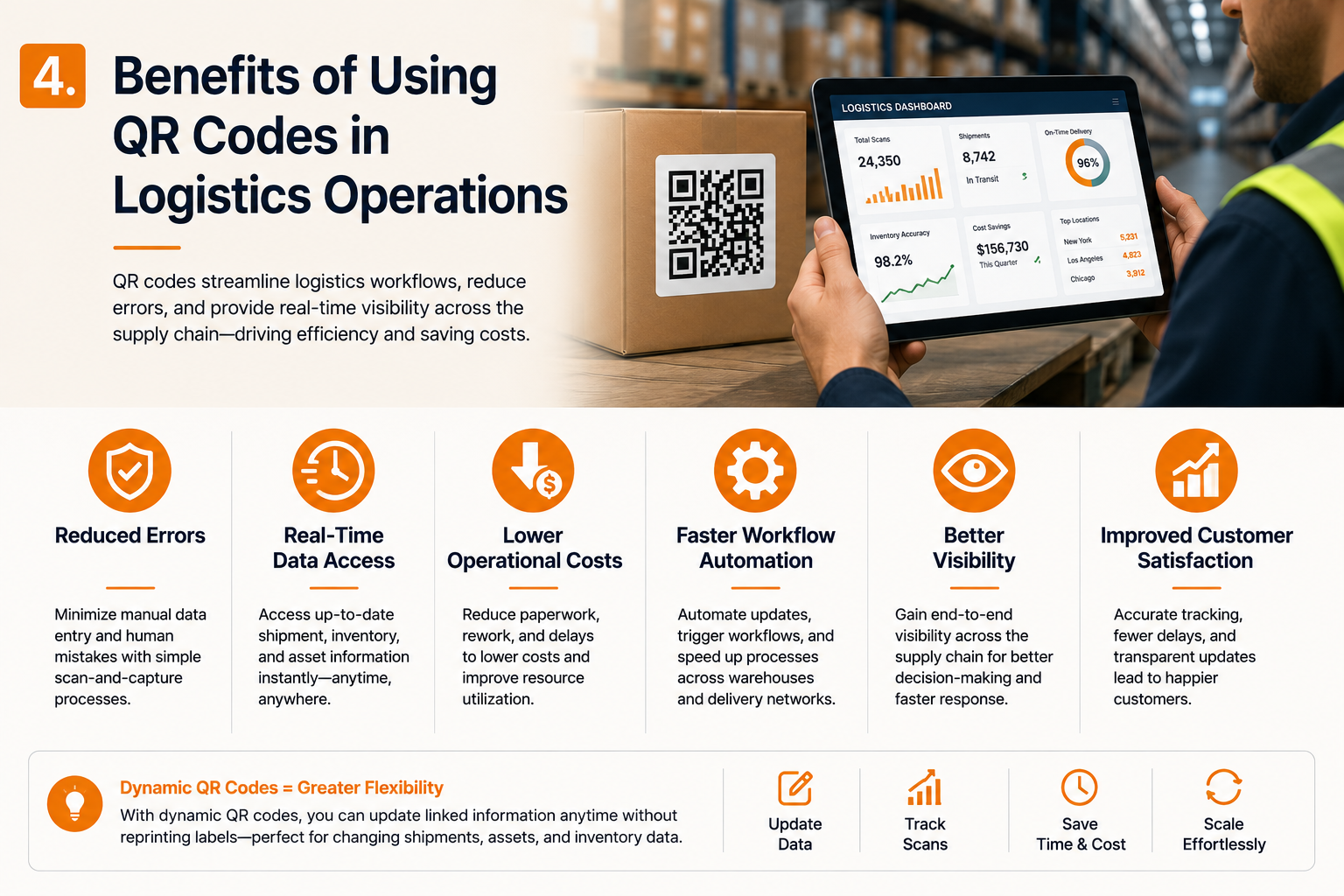 Benefits of using QR codes in logistics operations including reduced errors, real-time data access, workflow automation, lower costs, and improved supply chain visibility.