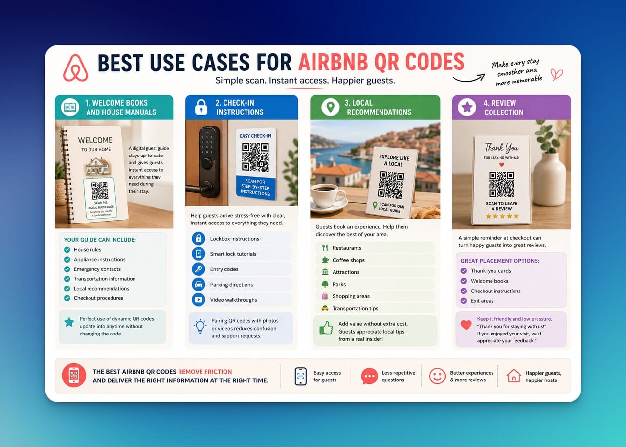 Infographic outlining best Airbnb QR code uses: welcome books, check-in instructions, local recommendations, and review collection for smoother stays.