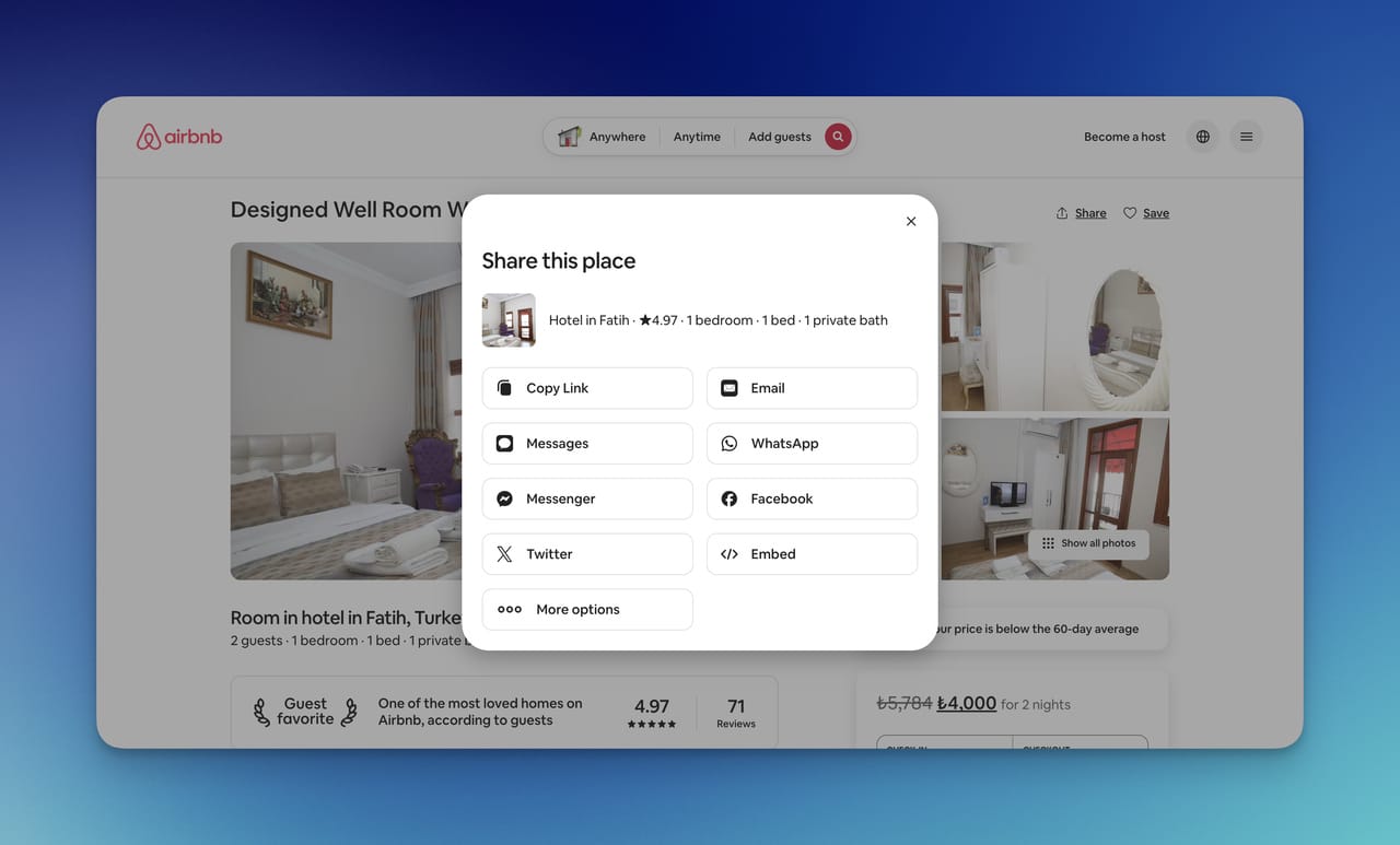 Airbnb listing for a well-designed hotel room in Fatih with sharing options including copy link, email, WhatsApp, Facebook, and Twitter.