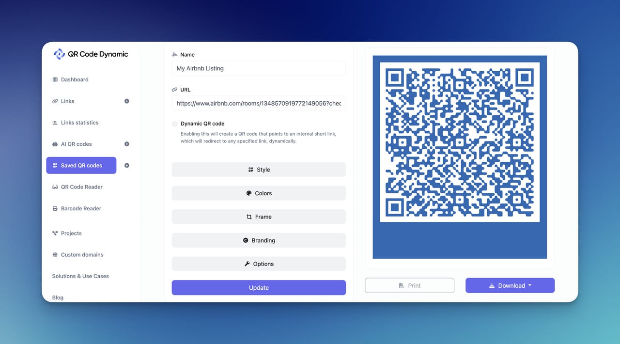 Interface of a QR code generator labeled "My Airbnb Listing" with a blue QR code and customization options on screen.