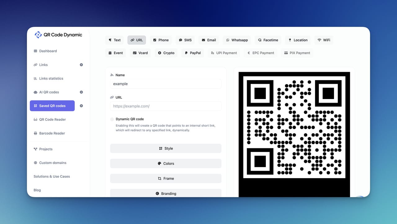 Screenshot of a QR code generator interface showing options for text, URL, phone, SMS, and more, with a dotted QR code preview.
