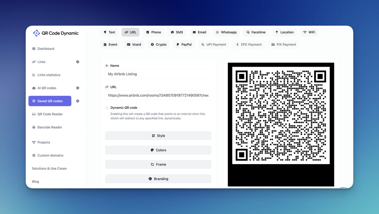 Screenshot of a QR code generator interface showing options and a URL for an Airbnb listing with a dynamic QR code preview.