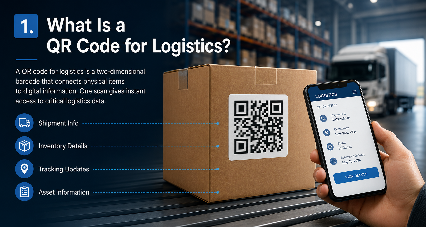 QR code for logistics displayed on a shipping box in a warehouse, showing shipment tracking, inventory details, asset information, and real-time logistics data.