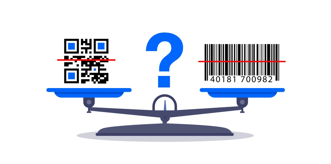 Comparison illustration showing a QR code and Barcode on a scale