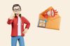 an illustration of a man and an envelope with a QR code