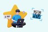 make a google review qr code an illustration of a man writing a review and a QR code next to him