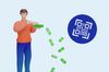 An illustration of a man with money and a QR code next to him