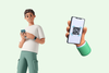 a man holding a phone and a phone with a QR code next to him