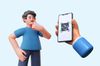 an illustration of a man thinking and a QR code on a phone screen next to him