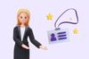 an illustration of a woman in suit next to a business card