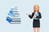 an illustration of a woman holding a book and books next to her