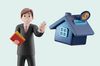 an illustration of a realtor smiling next to a house