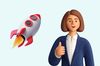 an illustration of a rocket and a woman smiling