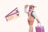 an illustration of a woman with suitcase next to boardingpass