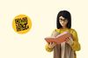 an illustration of a QR code and a woman reading a book