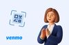 an illustration of a QR code, woman smiling and clapping and a Venmologo