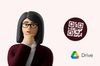 an illustration of a woman thinking, QR code and Google Drive logo