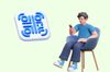 the barcode and a person figure sitting on a chair on a light green background