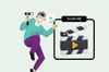 Illustration of a persopointing at a QR code with a clapperboard icon and "SCAN ME" text, symbolizing video-to-QR conversion.