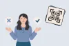 Illustration of a woman comparing options, with a QR code displayed beside her and speech bubbles showing a checkmark and an X, representing the decision between static and dynamic QR codes.