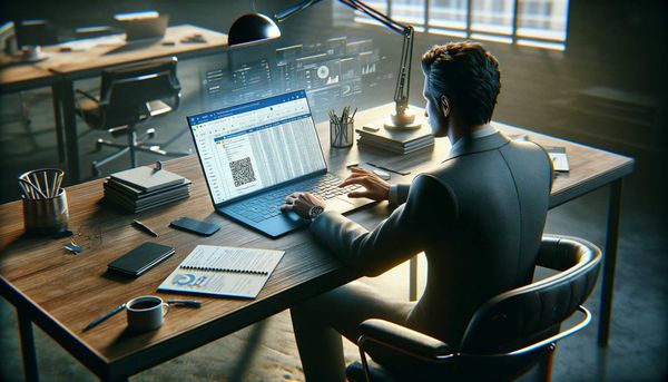 a person sitting at a desk, looking at a laptop screen that displays both Google Sheets and Excel with QR code and data