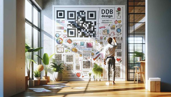 A man painting a poster that includes a QR code